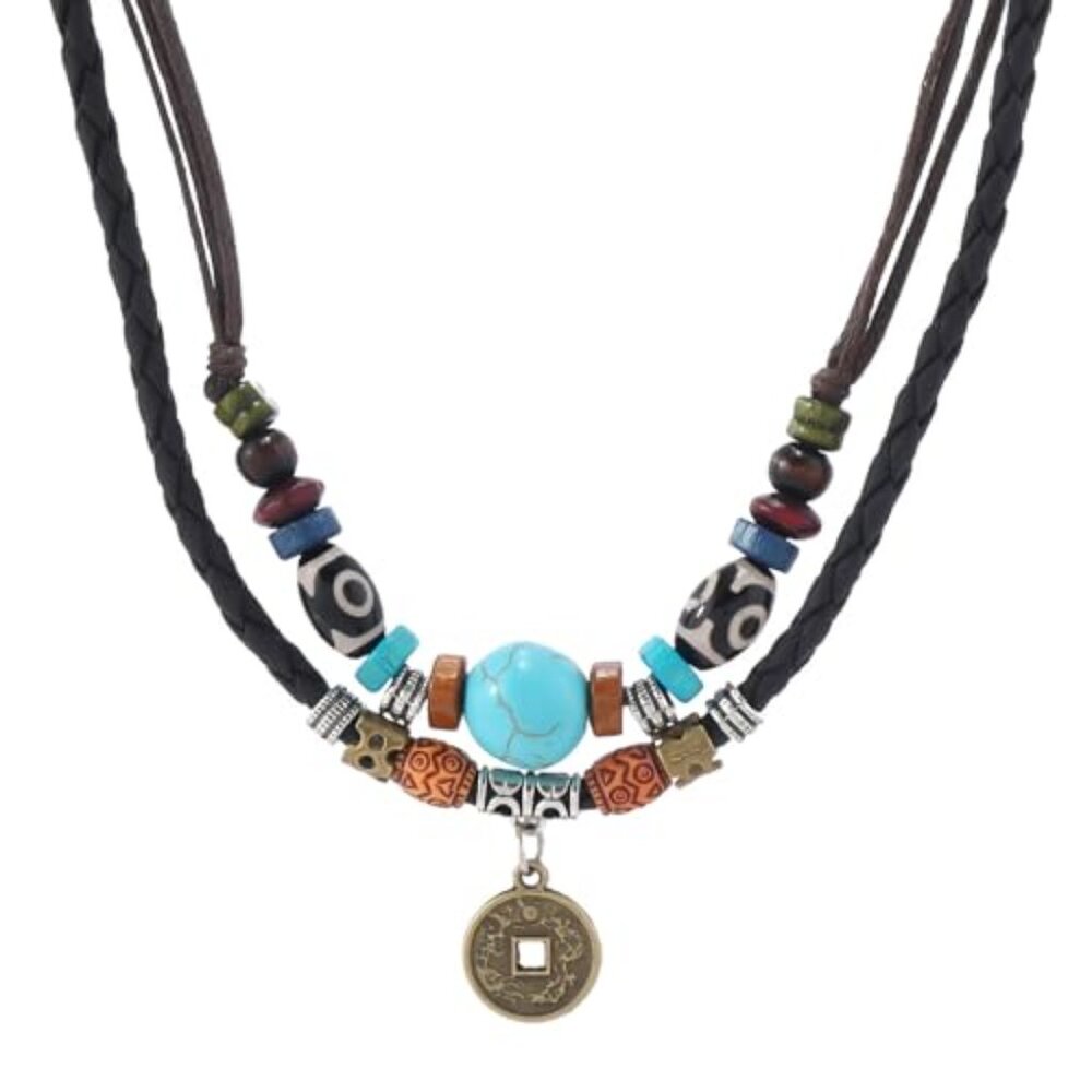 Layered Boho Wood Beads Choker Necklace Adjustable Hemp Cords Retro Fashion - Picture 2 of 8